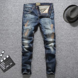 Blue Color Men Jeans Slim Fit Patckwork Cotton Long Pants Ripped Jeans High Quality Brand Jeans Men