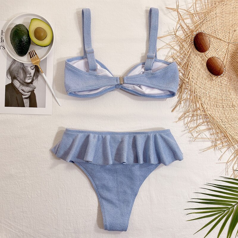 Rivertrip Ruffle Bikini Set Ribbed Women's Swimwear 2021 New Bow High Leg Swimsuits Push Up Bathing Suit Sexy Brazilian Bikinis - Image 3