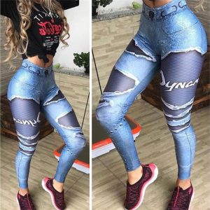 Women 3D Printed Fake Denim Blue Mesh Leggings Elastic Workout Legging Pants Fashion 2019 Female Leggings Plus Size Femme