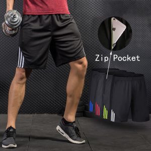 Men Running Shorts , Stripe Zip Pocket Gym Tennis Shorts, Quick-Drying Training Fitness Basketball Loose Sport Shorts Plus Size
