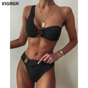 INGAGA One Shoulder Bikini Women's Swimsuit High Waist Swimwear Sexy Rings Biquini Black Ribbed Beachwear 2021 Brazilian Bikinis