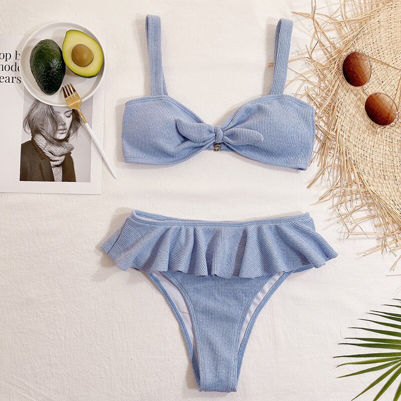 Rivertrip Ruffle Bikini Set Ribbed Women's Swimwear 2021 New Bow High Leg Swimsuits Push Up Bathing Suit Sexy Brazilian Bikinis - Image 2