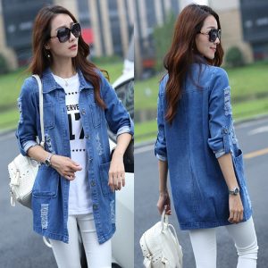 Bigsweety Basic Long Jeans Coats Women Slim Ripped Denim Jacket Femme Elegant Vintage Frayed Jackets Outwear Casacos Feminino