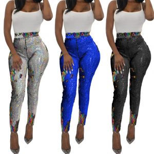 S-3XL Pencil Pants Color Sequined Street Office Long Leggings Women Lady Street Beach Casual Pants