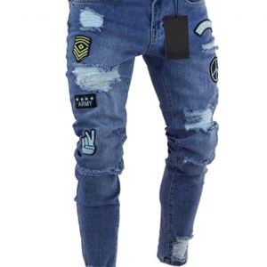 Men's Ripped jeans Badge Letters Hip-hop Skinny Jogging Denim  Fashion Pencil Long Trousers Distressed Jeans For Men Clothing