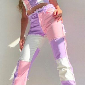 Heritage Thrift Patchwork Contast Color Hip Hop Trousers Women High Waist Street Wear Tassel Jeans Casual Denim Pants