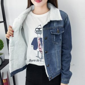 Spring Autumn Winter Women lambswool jean Coat With 4 Pockets Long Sleeves Warm Jeans Coat Outwear Wide Denim Jacket