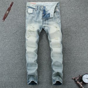 Summer Style Light Blue Color Fashion Mens Jeans High Quality Slim Fit Ripped Jeans For Men Buttons Pants Brand Biker Jeans Men