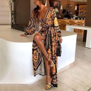 Sexy Boat Neck Glitter Deep V Neck Print Party Dress Formal Long Dress Sexy Clubwear