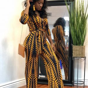 Herbst Top Qualität Neue Sexy Design 2018 Stil Frauen Retro Druck Overalls Tiefem V-ausschnitt Volle Hülse Strampler