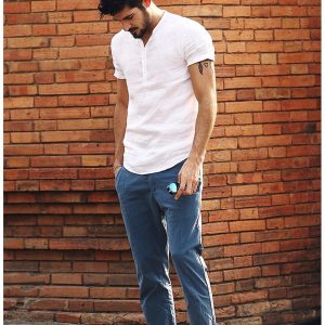 Summer Short sleeved Shirts Men 100% Linen White Solid Color Slim Fit Plus Size Collarless Tops