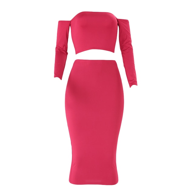 Sexy Women Two Pieces Set Off Shoulder Lace Up Back Long Sleeve Backless Crop Top Bodycon Pencil Skirt Set - Image 8