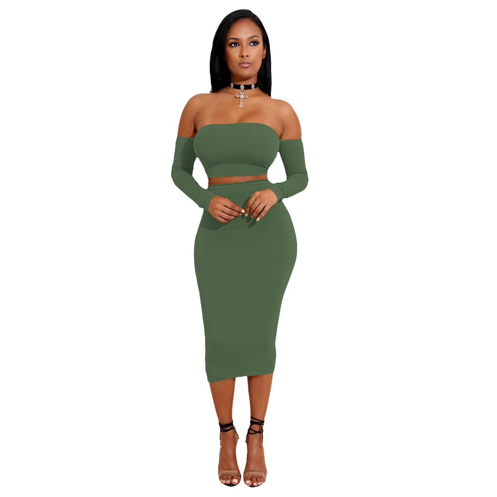 Sexy Women Two Pieces Set Off Shoulder Lace Up Back Long Sleeve Backless Crop Top Bodycon Pencil Skirt Set - Image 3