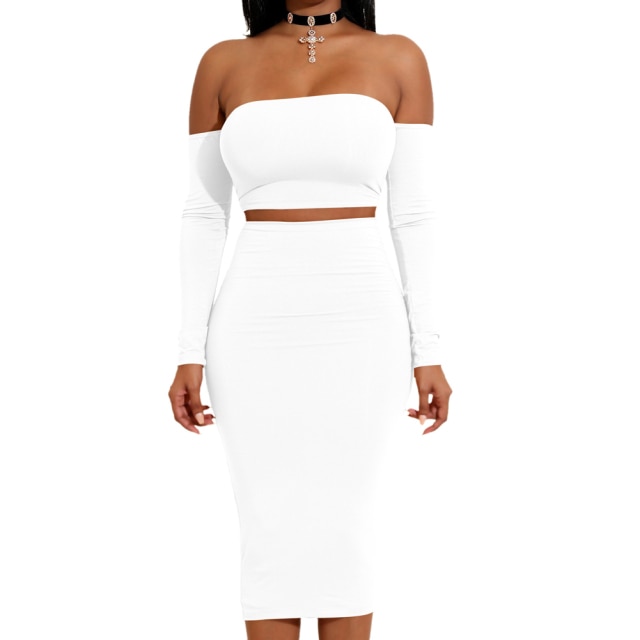 Sexy Women Two Pieces Set Off Shoulder Lace Up Back Long Sleeve Backless Crop Top Bodycon Pencil Skirt Set - Image 9