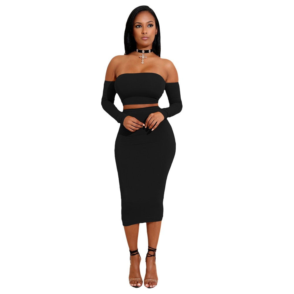 Sexy Women Two Pieces Set Off Shoulder Lace Up Back Long Sleeve Backless Crop Top Bodycon Pencil Skirt Set - Image 4