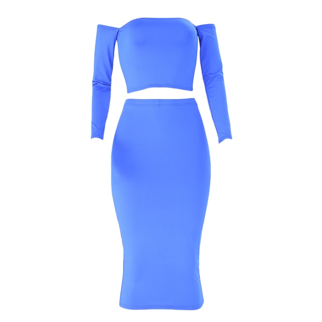 Sexy Women Two Pieces Set Off Shoulder Lace Up Back Long Sleeve Backless Crop Top Bodycon Pencil Skirt Set - Image 10