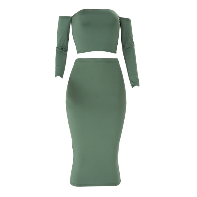 Sexy Women Two Pieces Set Off Shoulder Lace Up Back Long Sleeve Backless Crop Top Bodycon Pencil Skirt Set - Image 11