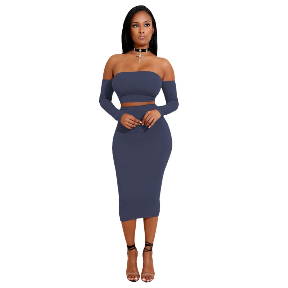 Sexy Women Two Pieces Set Off Shoulder Lace Up Back Long Sleeve Backless Crop Top Bodycon Pencil Skirt Set - Image 6