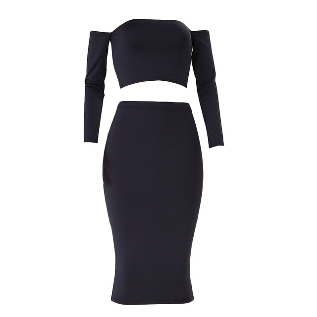 Sexy Women Two Pieces Set Off Shoulder Lace Up Back Long Sleeve Backless Crop Top Bodycon Pencil Skirt Set - Image 12