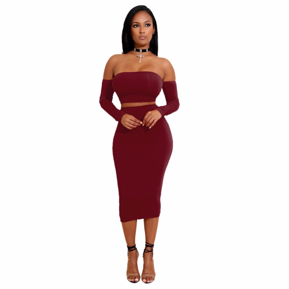 Sexy Women Two Pieces Set Off Shoulder Lace Up Back Long Sleeve Backless Crop Top Bodycon Pencil Skirt Set