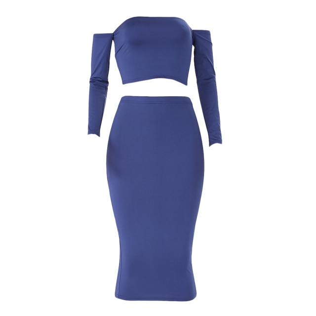 Sexy Women Two Pieces Set Off Shoulder Lace Up Back Long Sleeve Backless Crop Top Bodycon Pencil Skirt Set - Image 7