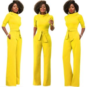 Solid color five-point sleeve stand collar piece suit wide leg pants