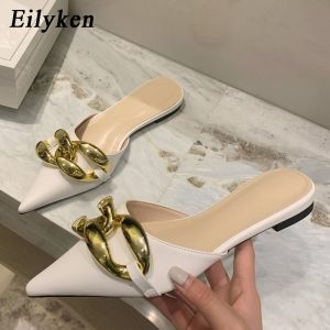 Summer Fashion Metal Chain Buckle Women Mules Slippers New Pointed Toe Slip On Ladies Outdoor Casual Flat Heels Shoes