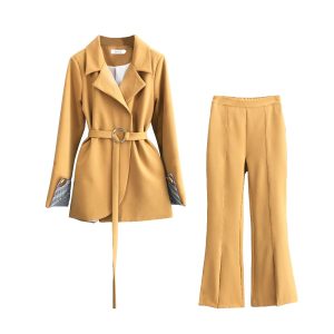 Fashion Lace Up Women Pant Suit Slim Waist Blazer & High Waist Flare Pant OL Style Female 2 Pieces Set