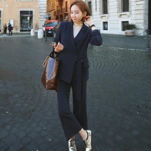 Side Bandage Notched Collar and Wide Leg Pant Suits 2 Two Pieces Office Ladies Set Women Jacket and Trouser Workwear femme