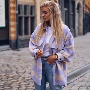 Stylish Sweet Plaid Woolen Shirt Jackets Women Fashion Pockets Turn-down Collar Check Jacket Cute Girls Chic Coat Streetwear
