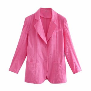 Women Cool Pink Blazer  Summer Fashion Ladies Sexy Thin Cotton Jackets Elegant Female Chic Suits