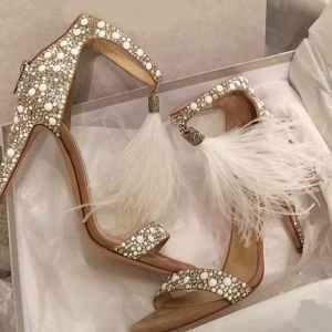 Women Sandals Pumps Summer Rhinestone Zipper Feather High Heel Apricot Women Wedding Pumps Shoes