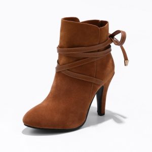 flock lace up ankle boots for women round toe autumn winter boots high heels female shoes size 34 43