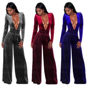 European code deep V sexy plush jumpsuit