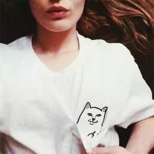 Women White Tshirts Pocket Print Cat O-Neck Casual Slim Fit T-shirt Fashion Simple Solid Color Loose Tee Tops Ladies Clothes