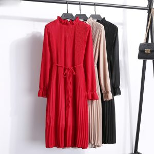 Women Spring Autumn Dresses Casual Ruffled Long Sleeve Dresses With Sashes Female Flare Sleeve Chiffon A-Line Dresses