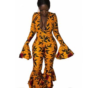 Long Flare Sleeve Sexy Jumpsuits Women 2018 Deep V Neck Black Yellow Floral Print Party Romper Autumn Bell Bottom Overall
