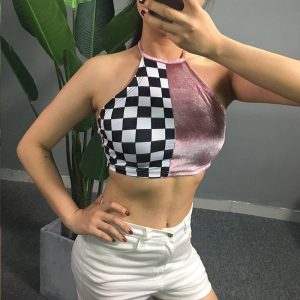Fashion Summer Women Girls Grid Pink Velet Tank Tops Vest Blouse Sleeveless Crop Tops Casual Tee Shirt
