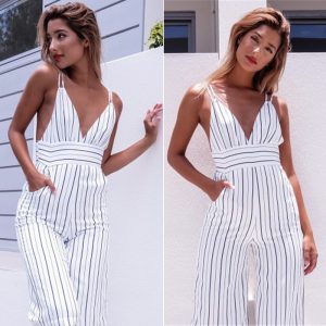 Summer Rompers Strap Womens White Jumpsuit Streetwear Lady Playsuit Bodycon Stripe Overalls Long Trousers