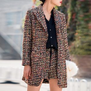 Runway Tweed Set Turn-Down Collar multicolor Plaid Long Coat and short pant Set for Women 2 piece shorts Set