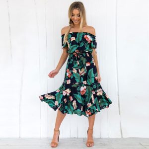 Dresses 2018 Women's Floral Printed Boho Bodycon Off Shoulder Short Sleeve Ruffle Party Beach Dresses With Belt
