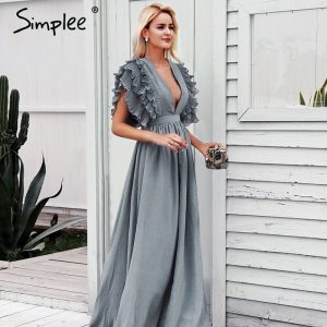 Simplee Elegant v neck long dresses Ruffles high waist women dresses Evening party female sexy maxi dress vestidos festa