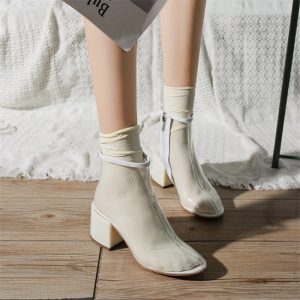 Shoes Women Transparent Clear Lucite Block High Heel Ankle Boot Round Toe Zip Plastic Ladies Motorcycle Boots