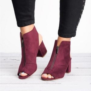 Ankle Boots Faux Suede Leather Casual Open Peep Toe High Heels Zipper Square Rubber Women Shoes