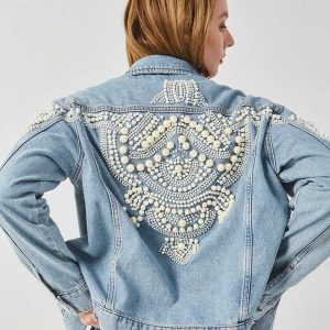 Pearls Embellished Denim Jacket For Women Light Blue Vintage Jacket Coat Bead Embroidery 2021 Autumn Winter Outwear
