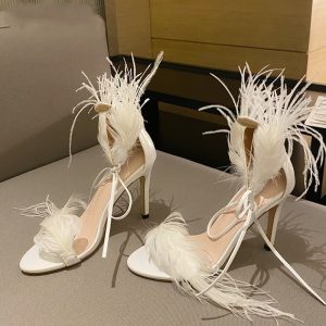 2021 New Fashion With Feather Open Toe Strap High Heels Summer Sexy Ankle Lace-Up Sandals Clear Heel Women Party Shoes