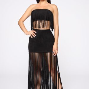 Fringe Tassel Strapless Top and Skirt 2 Piece Set Sexy Hollow Out Club Outfit Velvet Skirt Set Elastic Elegant Party Suit