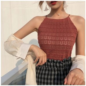 Women Slim Knitting Halter Neck Hollow Out Camisole Tops Female Crop Tanks Tops Sleeveless Solid T shirts Tees