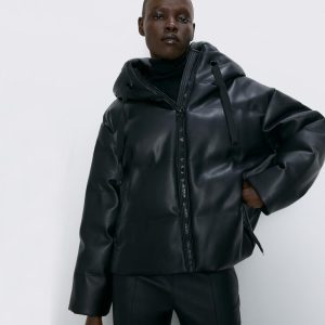 Fandy Lokar Hooded Faux Leather Parkas Women Fashion PU Leather Coats Women Elegant Zipper Cotton Jackets Female Ladies IT