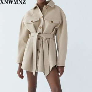 XNWMNZ Za Women 2020 Fashion With Belt Loose Woolen Jacket Coat